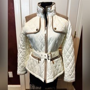 NWOT Vince Camuto Cream and Tan Quilted Jacket with Belt Size M